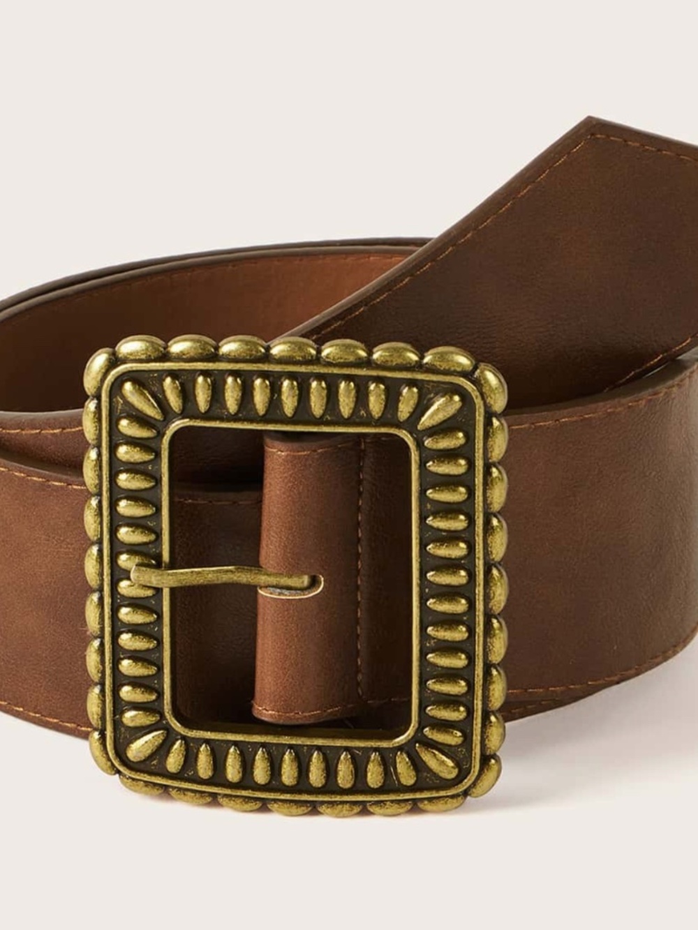 Western Gold Tone Square Buckle Brown Vegan Leather Wide Belt - Picture 2 of 5